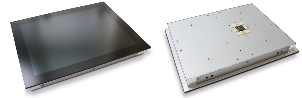 6. ábra. Docking LCD-panel: az alumínium hátlapon a 100 pólusú dokkolócsatlakozó, elöl az éltől élig tartó borítóüveg a 10 pontos multi-touch Pcap előtt 6. ábra. Docking LCD-panel: az alumínium hátlapon a 100 pólusú dokkolócsatlakozó, elöl az éltől élig tartó borítóüveg a 10 pontos multi-touch Pcap előtt